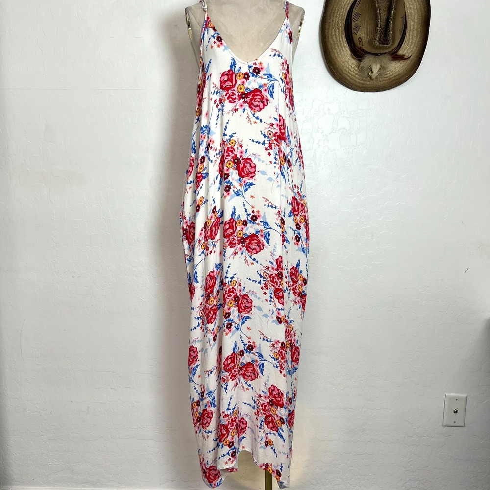 Lovestitch White Floral Rose Rayon Maxi Slip Dress Strappy Back Boho M/L